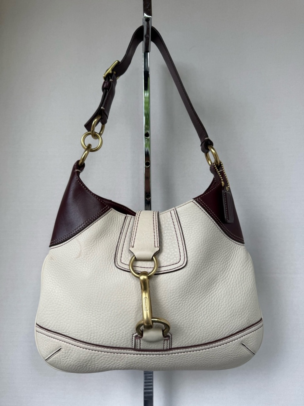 Vintage COACH Soho Bone & Burgundy  Leather Hobo Buckle Flap Shoulder Bag